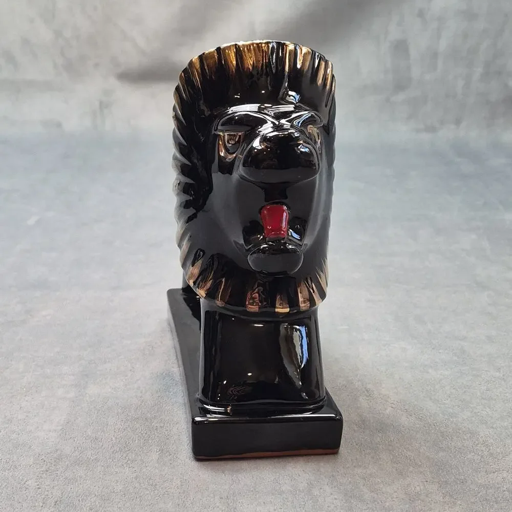 Mid Century Art Deco Roaring Lion Glossy Figurine Egyptian Reival Black & Gold